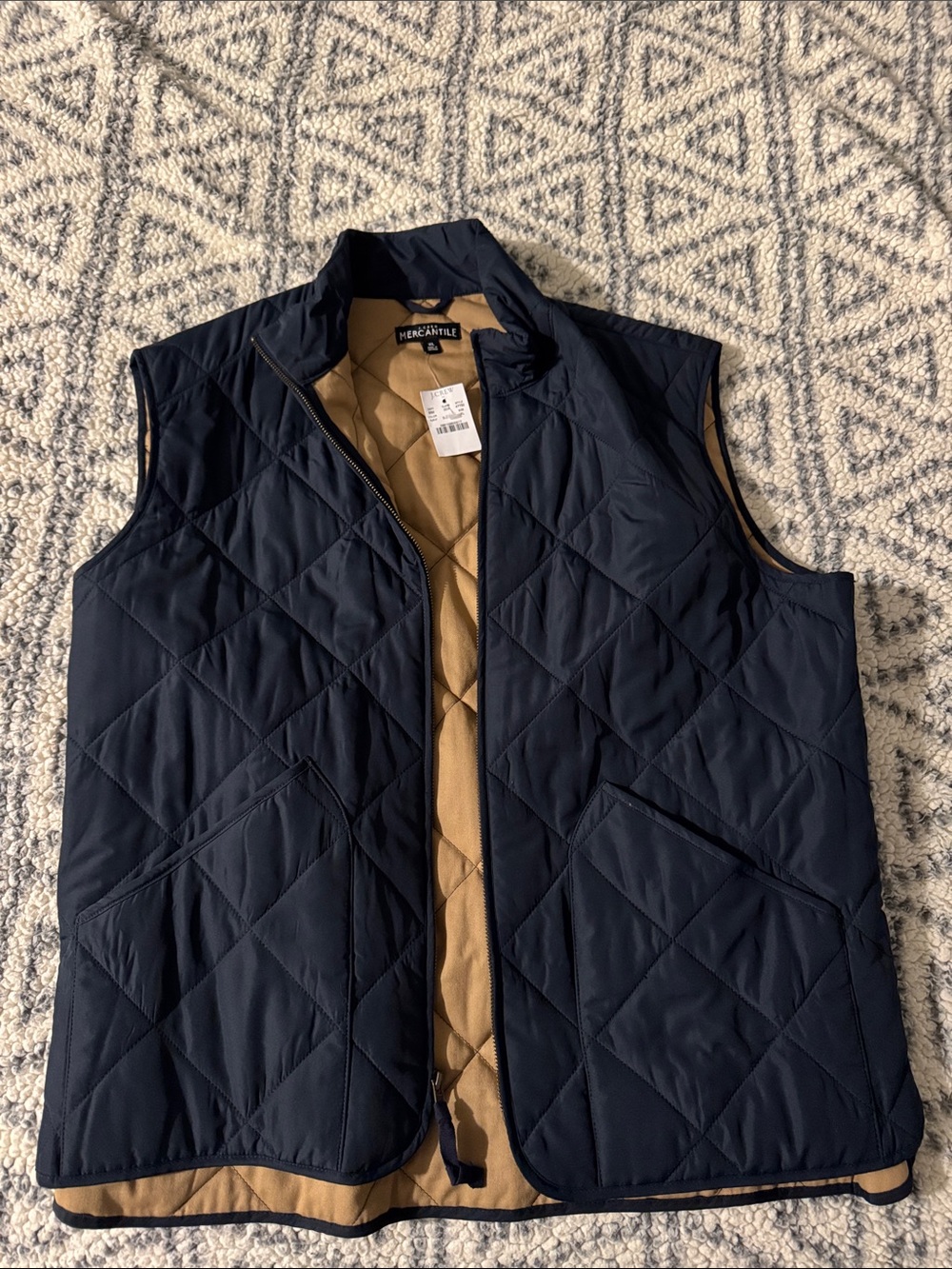 J. Crew Quilted Navy Vest with Tan Lining